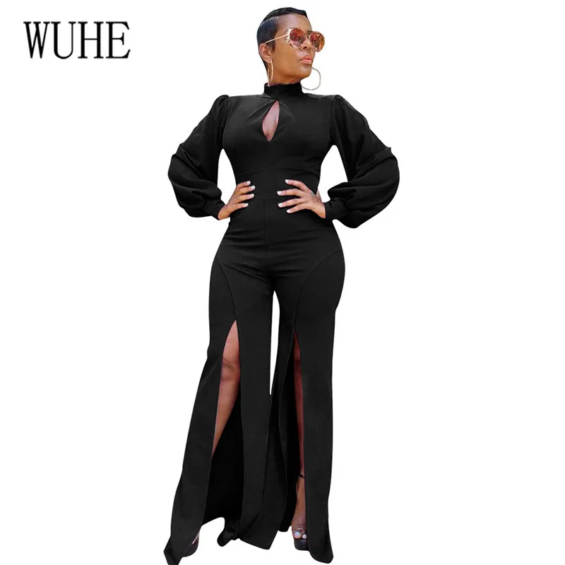 

WUHE Elegant Front Feet Split Female Casual Wide Legs Jumpsuits Long Sleeve Hollow Out Autumn Ladies Office Fashion Playsuits