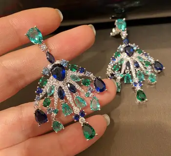 

Green rhinestone fan-shaped luxury zircon crystal fairy earrings crystal emeralds exaggerated retro ear accessories