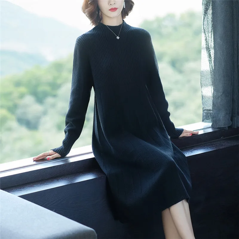 

2019 Autumn And Winter New Style Solid Color Half-Turtle-Neck Pullover A- line Skirt Women's Loose-Fit Mid-length Pleated Dress