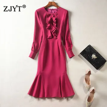 

High Quality Europe Fashion Runway Dress Women 2020 New Spring Long Sleeve Ruffles Patchwork Solid Office Party Trumpet Dress