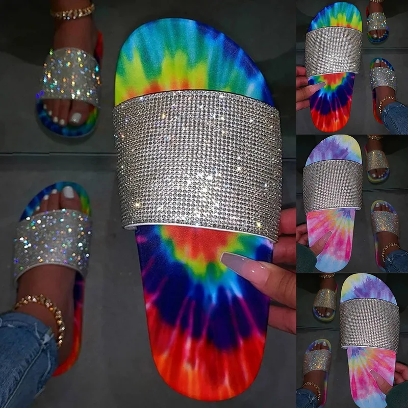 Womens Slippers Summer Slippers Glitter Bling Slide Flat Slipper Shoes Low Heel Comfortable Breathable Bling Sandals