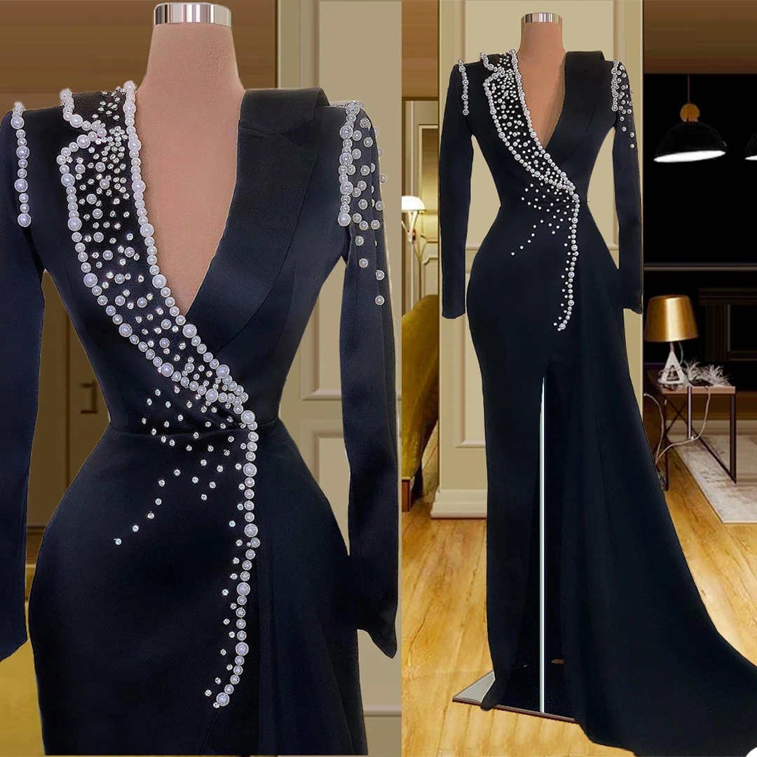 

Gorgeous Pearls Beaded Evening Dresses V Neck Long Sleeves Prom Dress Custom Made Formal Party Dress