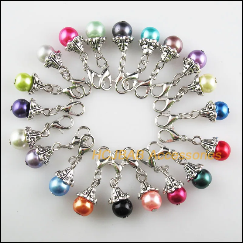 

20 New Horn 9x16mm Charms Mixed Ball Glass Tibetan Silver Plated Retro With Lobster Claw Clasps