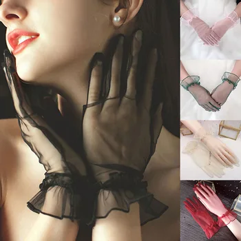 

Short evening party Gloves Solid Transparent Short Design Lace Gauze Women Gloves 2020 UV-Proof Summer Women Fishnet Mitten