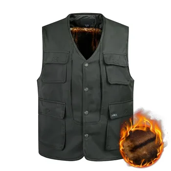 

New Arrive Autumn Winter Warm Fleece Mens Vest Casual Multi Army Green Waistcoat with Many Pockets Men Work Sleeveless Jacket
