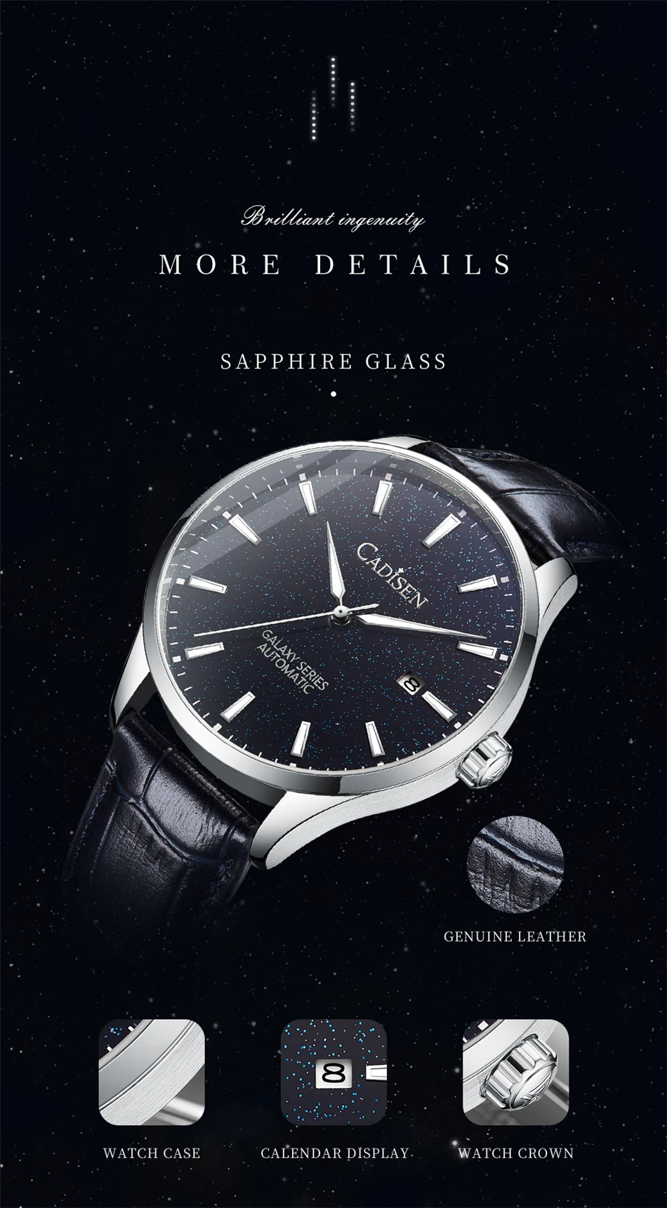 CADISEN New Pilot Series Men's Watch Luxury Sapphire Glass 100M Waterproof Automatic Watch Stainless Steel Mechanical Wristwatch
