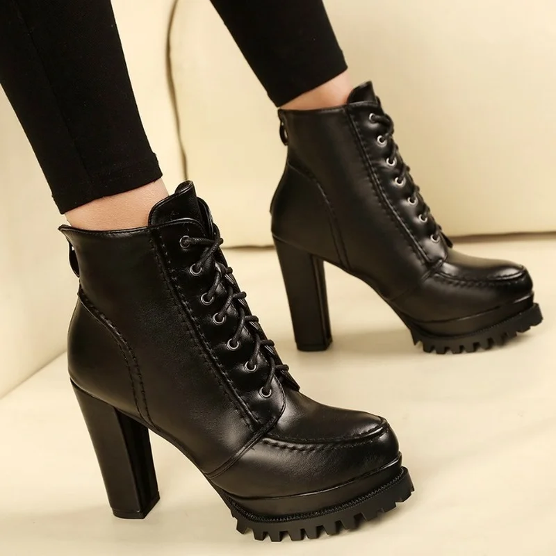 

PU Leather Platform Ankle Strap Boots High Heels Women's Zipper Spring Autumn Shoes Women's Chaussures Femme Motorcycle Boots
