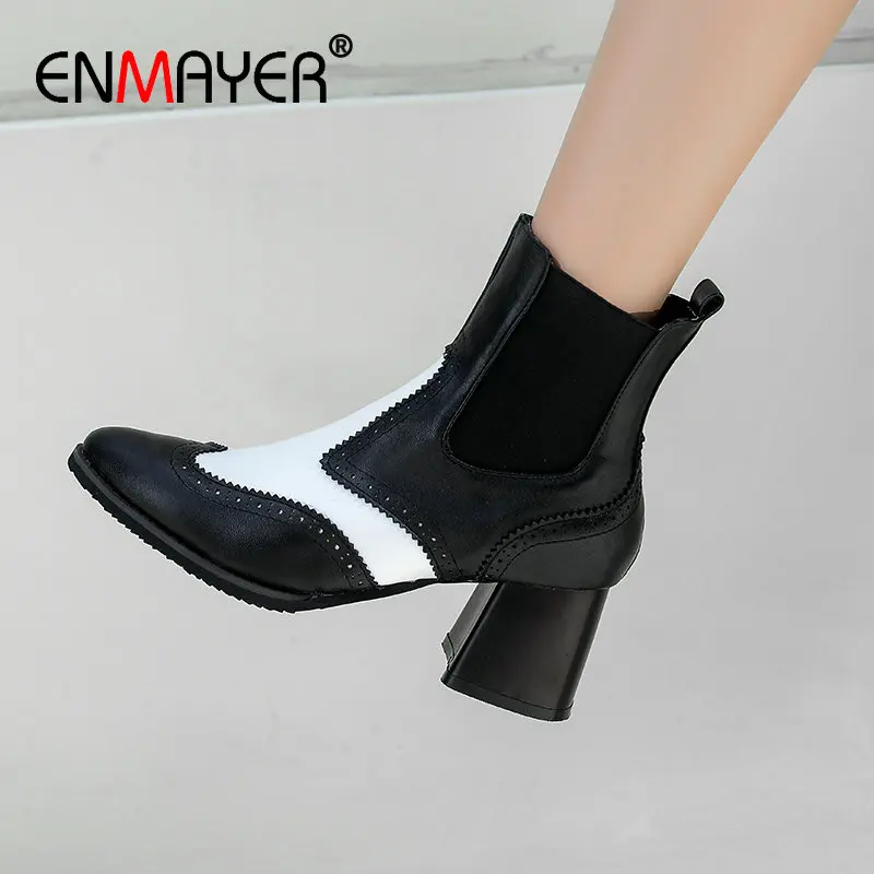 

ENMAYER Ankle Boots for Women Basic Pointed Toe Square Heel Slip-On High Heel Boots Mixed Colors Short Plush Women Shoes 34-43