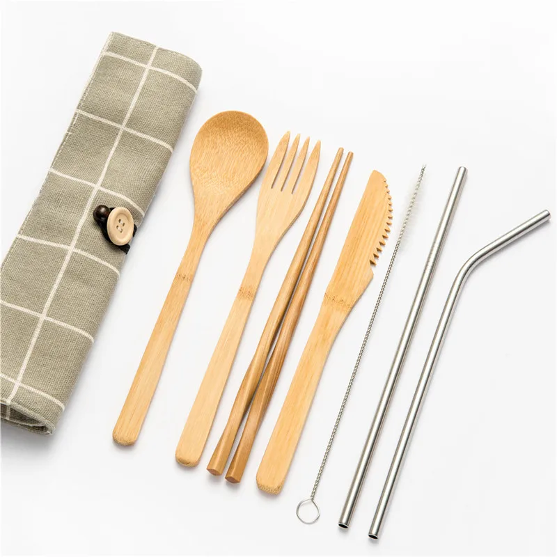 8pcs Mstraw02 Набор горячих столовых приборов, деревянные столовые приборы, набор для путешествий, Бамбуковая бледно-желтая посуда, набор с тканевой сумкой для пикника, столовые наборы, кухонные аксессуары - Цвет: 8pcs Mstraw02