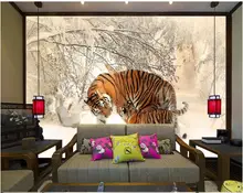 

custom Photo wallpaper mural Tiger mother and child in winter snow forest living room home decor 3d wallpaper for walls in rolls