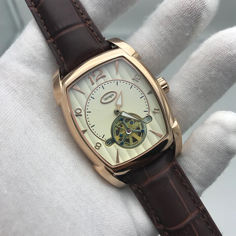 

new arrival mens KA watch rose gold case brown strap 34mm size pa best quality 316L stainless steel mechanical skeleton wat