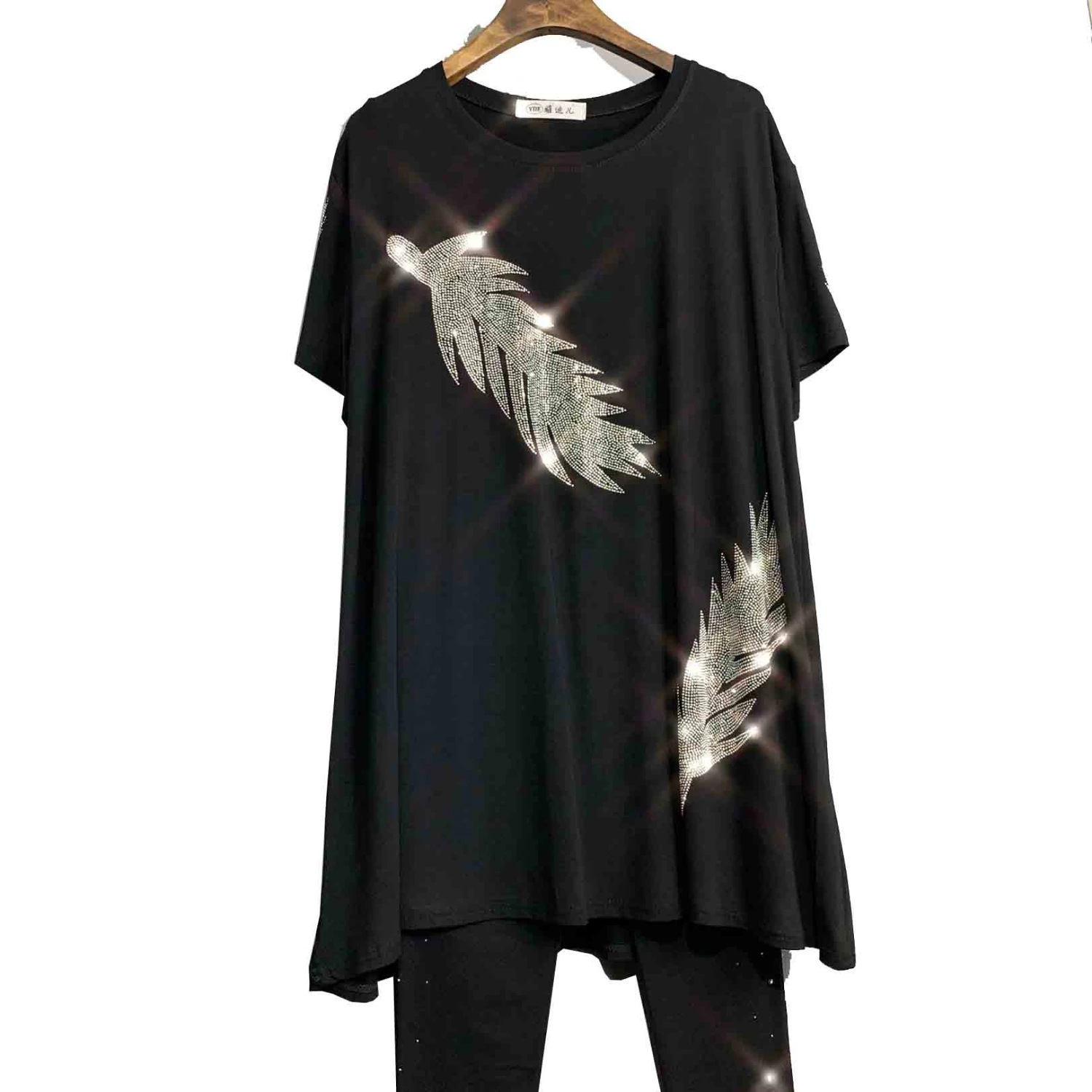 

QING MO Summer Women Leaves Dress 2020 Women Rhinestone T Shirt Dress Female Plus Size Loose Dress Black ZQY2928
