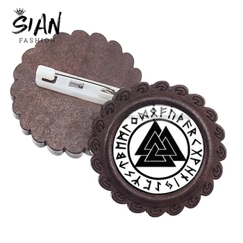 

SIAN Viking Norway Valknut Triangle Wood Brooches Pin Punk Scandinavian Norse Viking Warrior Symbol Glass Cabochon Amulet Badge