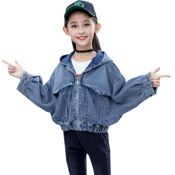 

INS HOT girls denim jacket 5-13 years old kids denim coat spring and autumn Large pocket hooded denim jacket baby girl jacket