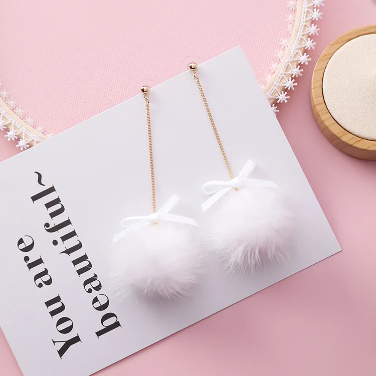 Новые корейские модные женские серьги милый розовый бант грива Hairball вельветовые длинные висячие серьги для девушек ювелирные аксессуары