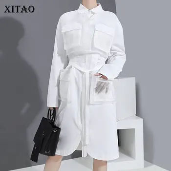 

XITAO Bandage White Black Dress Patchwork Small Fresh 2020 Spring Summer Pocket Full Sleeve Minority Style Loose Dress DMY4243