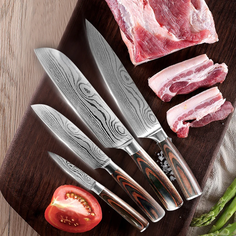 Нож шеф-повара, кухонные ножи, дамасский узор, лезвие 8 “7,5” 5 “3,5”, нож для мяса, рыбы, фруктов, овощей, 4 шт, набор ножей из нержавеющей стали