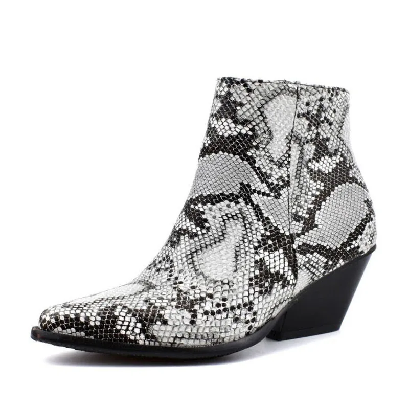 Taoffen Plus Size 34-48 Ankle Boots Women Western Style Cowgirl Shoes Women Fall Winter Snake Print Zipper High Heel Boots - Цвет: Белый