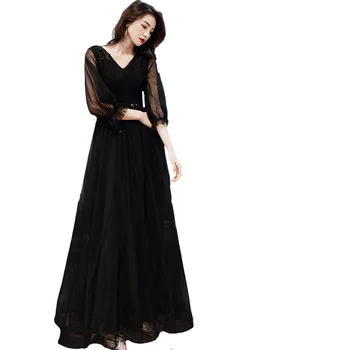 

Skyyue Appliques A-Line Banquet Dresses For Women R272 Black Floor Length Elegant Vestido De Fiesta Ruched Formal Evening Dress