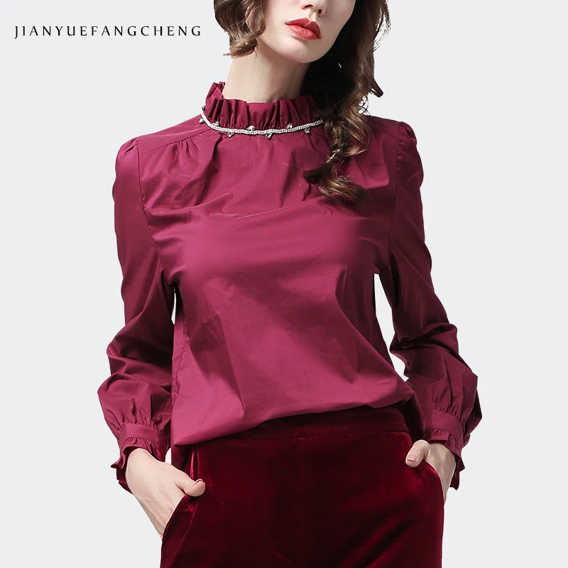 Женская хлопковая белая блузка с металлическим necklace ем с длинным рукавом гофрированный стоячий воротник Топ Плюс размер Элегантная Офисная Женская рабочая одежда Топ