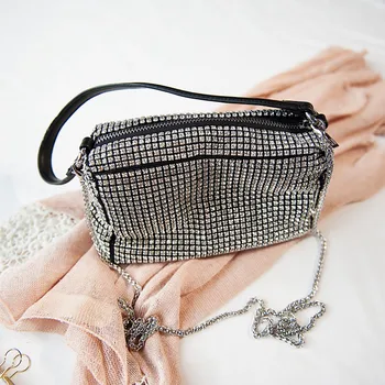 

Women party vintage silver crystals diamond beaded totes handbag female bling retro bucket shoulder bag 2020 new