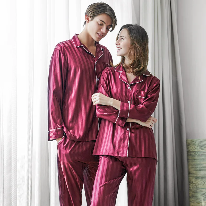 EVES Artificial Silk Pijama 2 Pieces Polo-Collar Sleepwear Pyjamas Stripes Spring Men Women Bedgown Home Clothes Man Pajamas Set