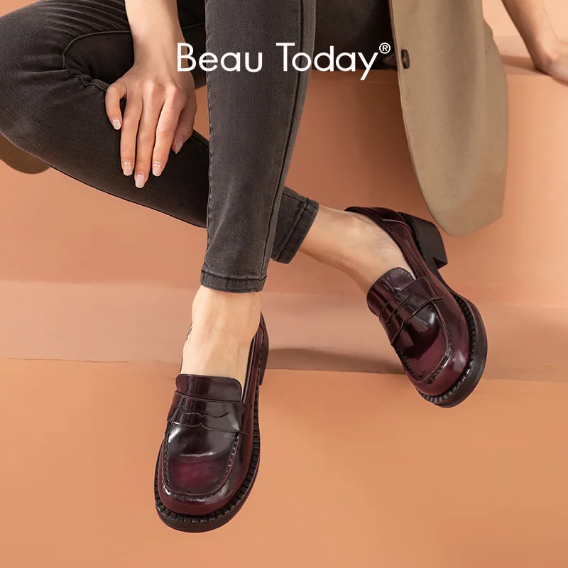 BeauToday mocasines Penny para mujer, zapatos de vestir de uniforme de  cuero de vaca genuino, con cera y punta redonda, sin cordones JK, planos,  hechos a mano, 27744|Zapatos planos de mujer| -