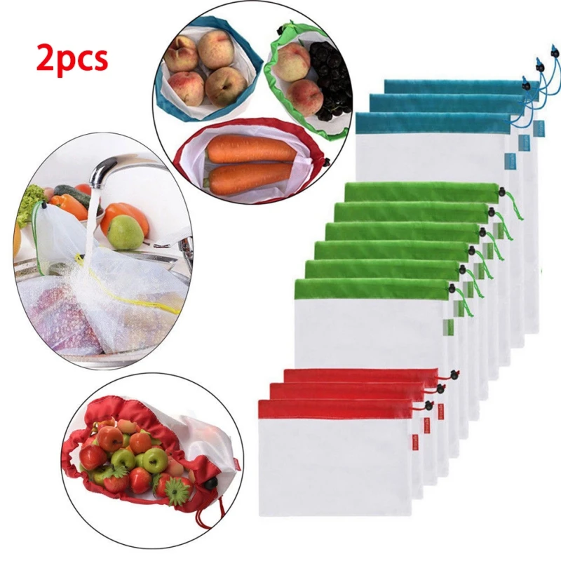 

2pcs/lot Reusable Mesh Produce Bags Vegetable Fruit Toys Storage Nylon Pouch Rope Grocery Organizer Home Storage Bag .x x
