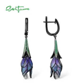 SANTUZZA Silver Earrings For Women Genuine 925 Sterling Silver Exquisite Drop Purple Flower Trendy Fine Jewelry Handmade Enamel