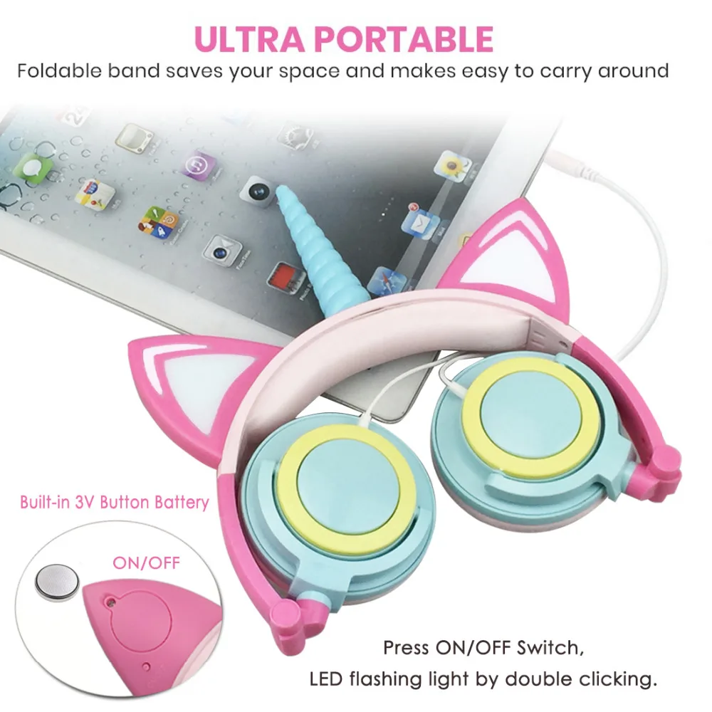 Wired Foldable Flashing Unicorns Kids Headphones With LED Light Earphone For Mobile Phone PC Computer Boys Girls Gaming Headset