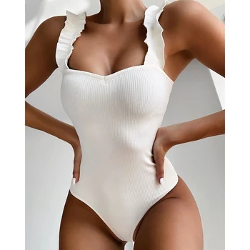 Weißer Badeanzug Frauen Push-Up Bademode Retro Badeanzug Rüschen Body Monokini S-L 1