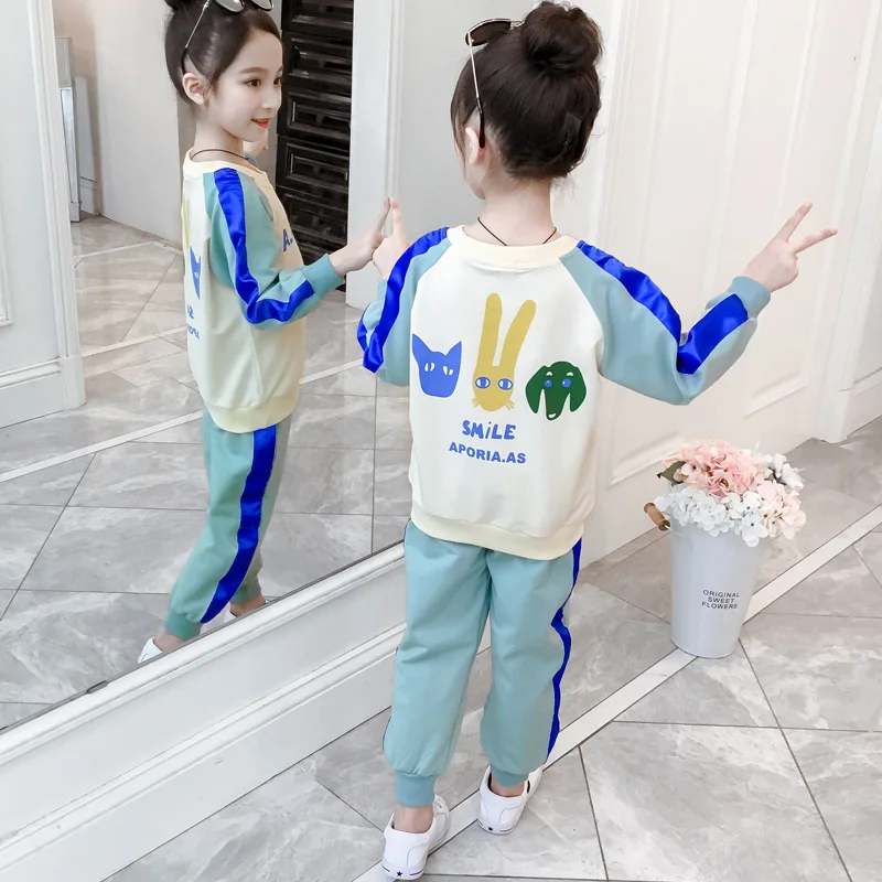 

Autumn Girls Big Boy Casual Printed Lettered Side Edge Color Stripes Mixed Colors Cartoon Two-Piece Set
