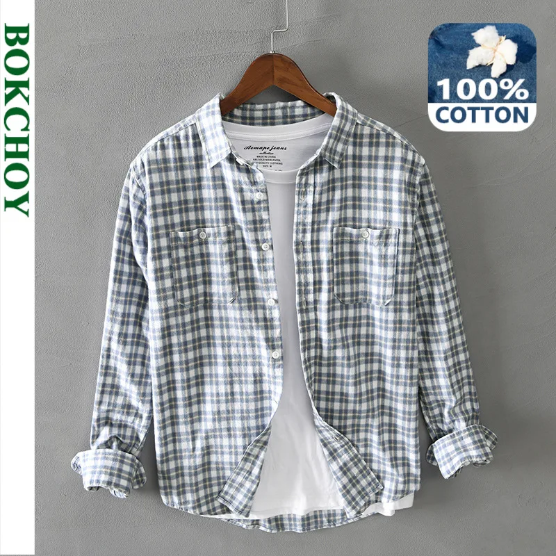 Cotton Shirt Men Spring Autumn Casual Plaid Long Sleeve Thick Retro Multi-pocket Workwear