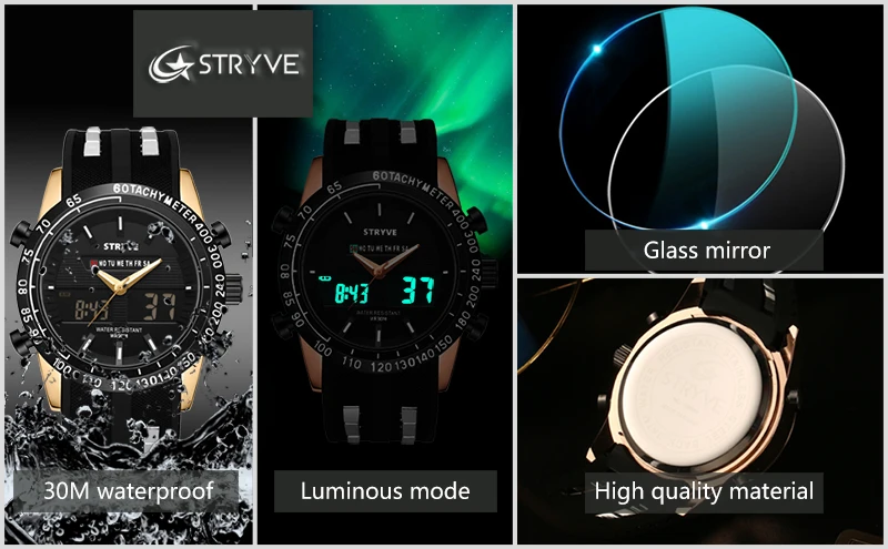 STRYVE Casual Watch Men Sport LED Digital Watch Waterproof Quartz Watches Men Luxury Brand Steel Band Relogio Masculino Clock