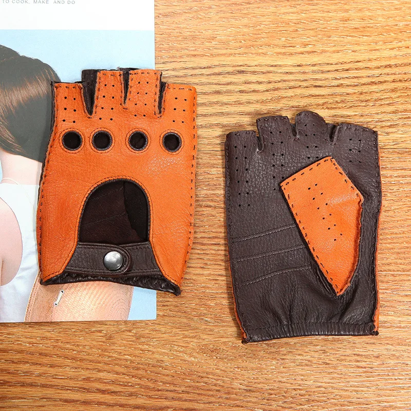 Genuine Leather Men's Semi Finger Gloves Anti-Slip Driving Breathable Fitness High Quality Deerskin Gloves Male D0132-2M