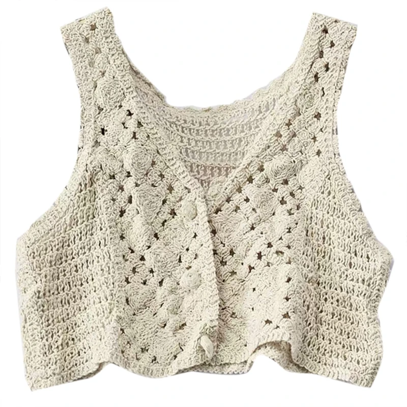 Women Crochet Knit Sleeveless Crop Top Vest Floral Lace V-Neck Button Down Waistcoat Slim Mini Cardigan Sweater Jacket | Женская одежда