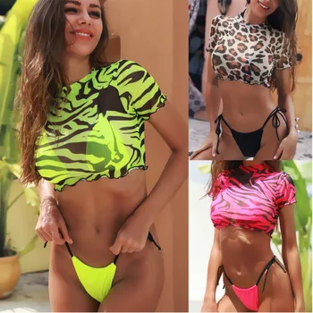 

Leopard Zebra Printed Bikini Set Short Sleeve Mesh Top 2020 Female Swimsuit Women Swimwear Sexy Three-pieces Bather Swim Wear