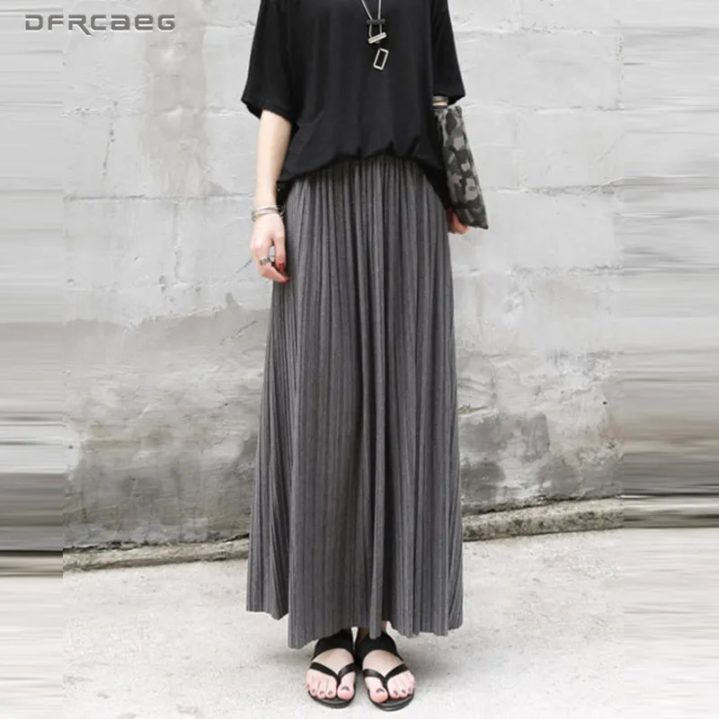 Осень Зима Хлопок Эластичный Высокая талия Макси Юбки Женская мода уличная винтажная Falda плиссированная длинная юбка Женская Saia Longa