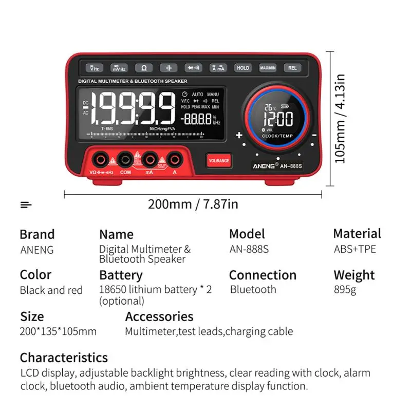 AN888S Цифровой мультиметр 19999 отсчетов многофункциональные часы динамик термометр