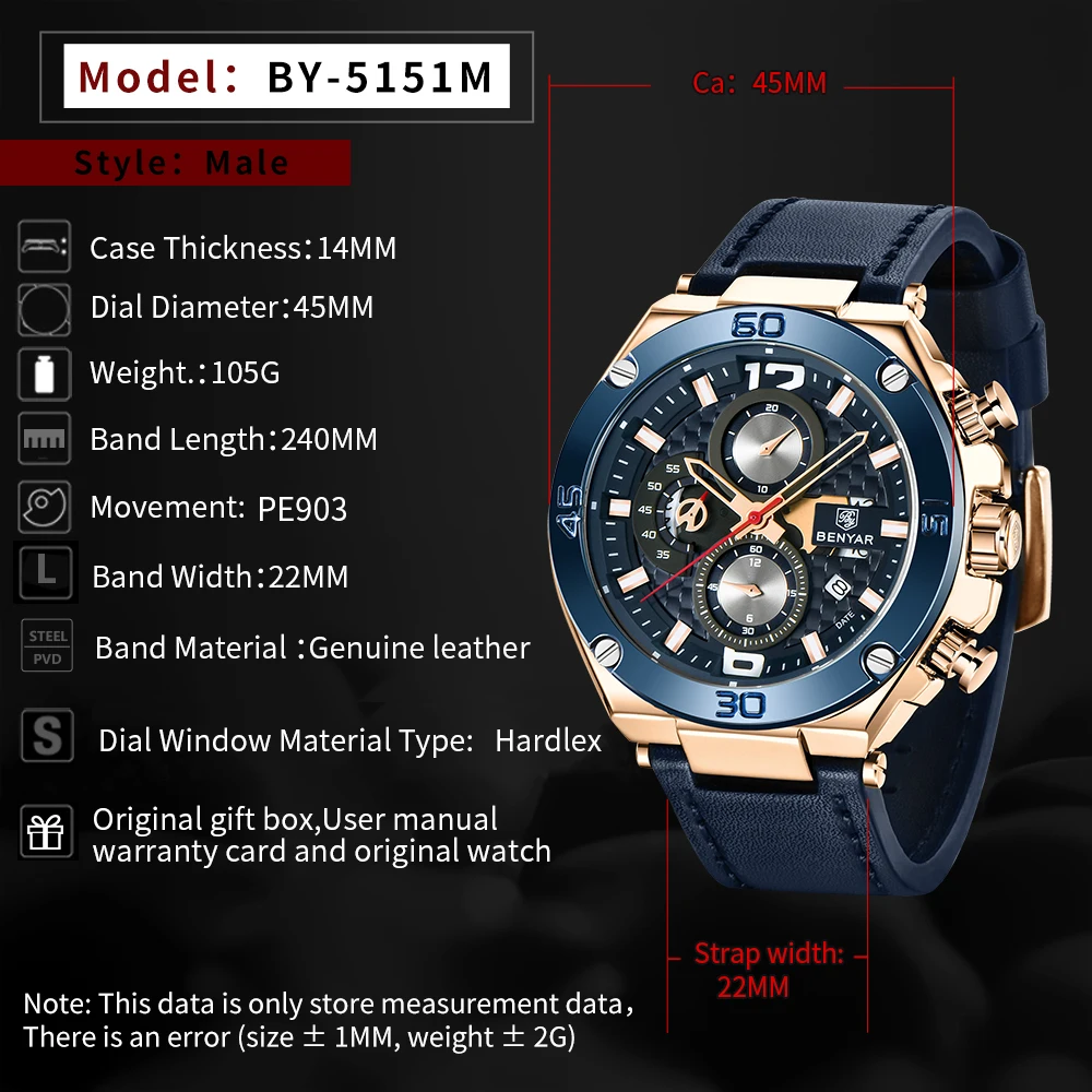 Relogio Masculino BENYAR кварцевые Многофункциональные спортивные часы с хронографом 30 м водонепроницаемые Роскошные брендовые наручные часы Мужские часы