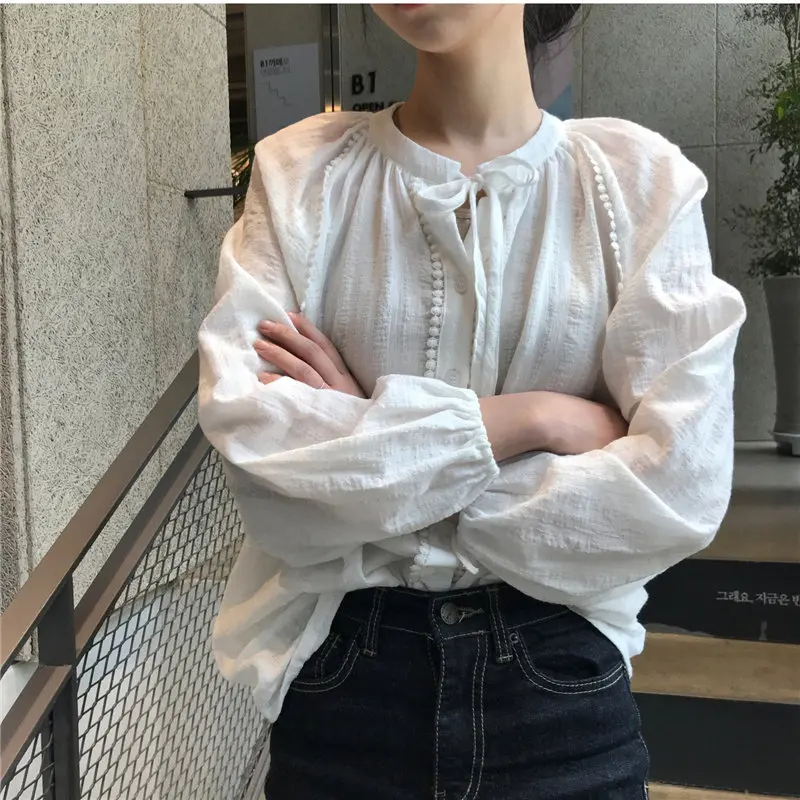 

HziriP Korea Full-Sleeved Solid O-neck Texture Elegant Loose 2019 Cotton Linen Gentle Casual Fresh All Match Slender Shirts