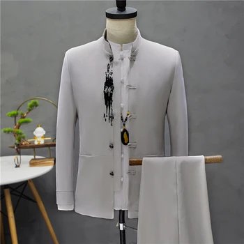 

New Fashion Stand Collar Men Suit Jacket and Lace-up Pants Classic Embroidered Suit Men Two-piece Set Chinese Retro Style