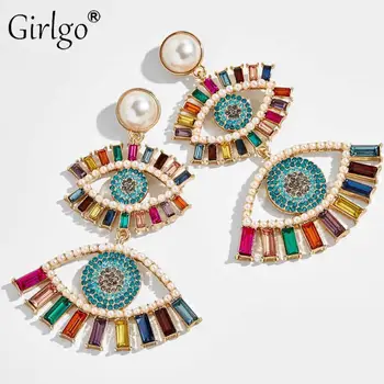 

Girlgo Bohemian Fashion Colorful Crystal Eyes Earrings for Women Luxury Elegant Pearls Geometric Drop Earrings Wedding Jewelry