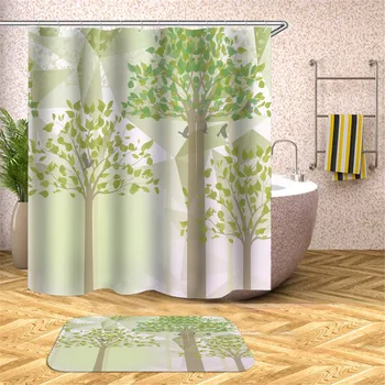 

Water Reflection Shower Curtains Spring Green Leaf Leaves Painting Bathroom Curtains Waterproof Polyester Fabric Bath Curtain