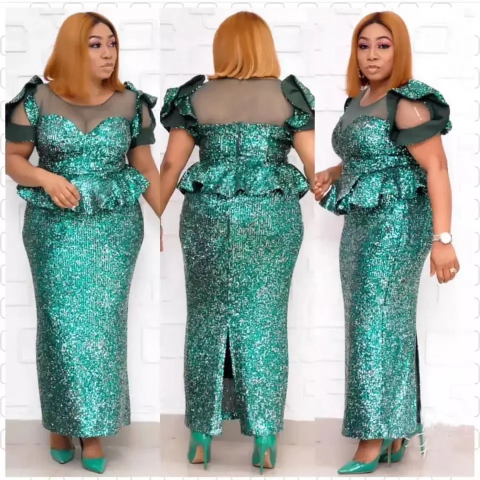 Unieke Mode Stretch Pailletten Sexy Avond Party Lady Mermaid Rok Populaire Ruche Mouw Afrikaanse Jurken Voor Vrouwen