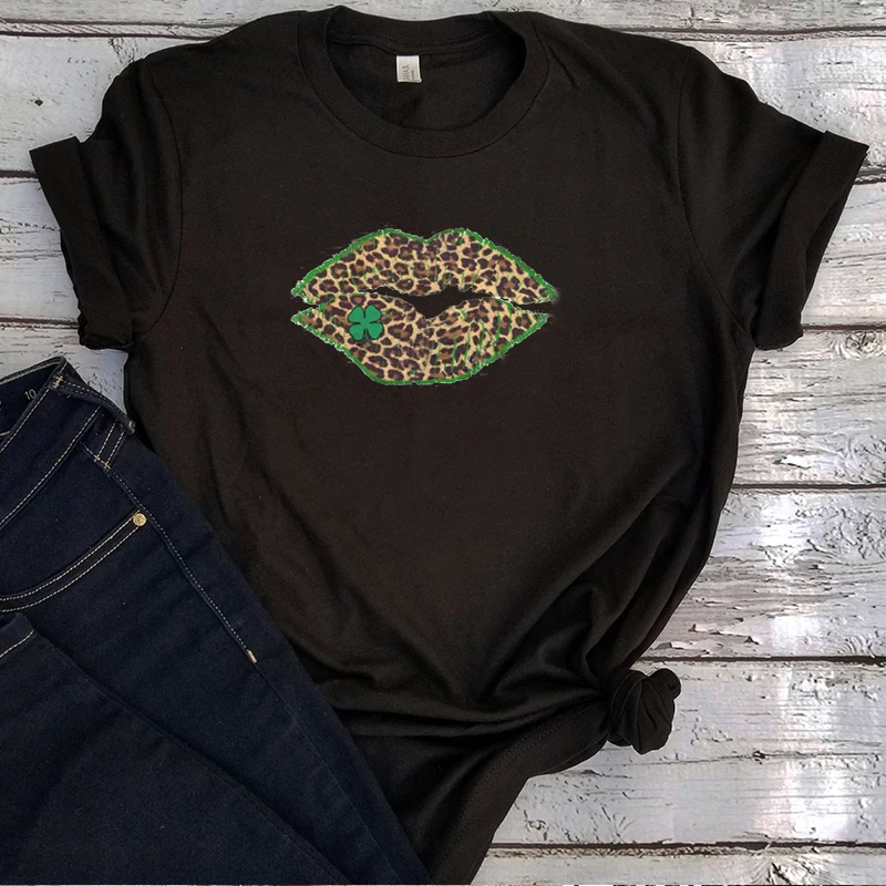 

Leopard Tshirt St. Pattys Day 2020 Shamrock Tee Womens Irish Graphic Tees Gothic Saint Patricks Day Lip Shirt Women