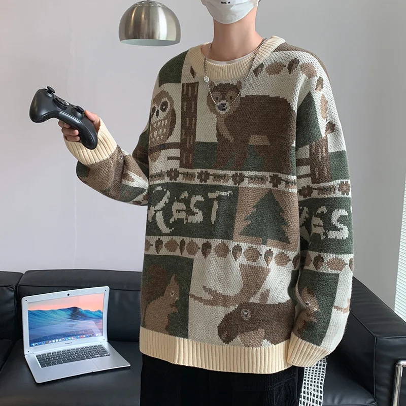ZAZOMDE Winter Sweaters Men Casual Round Neck Bear Pattern Retro Mens Pullovers Hip Hop Couple Sweater High Street Pullover 2021