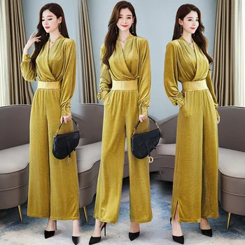 

Lady New Personality V-neck Slim Jumpsuit Women Long Wide Leg Rompers Lady Temperament Overalls