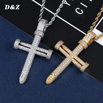 

D&Z Iced Out Bling Nail Cross Pendant Necklace Mens/Women Micro Paved AAA CZ Hip Hop Gold Silver Color Charm Chains Jewelry Gift