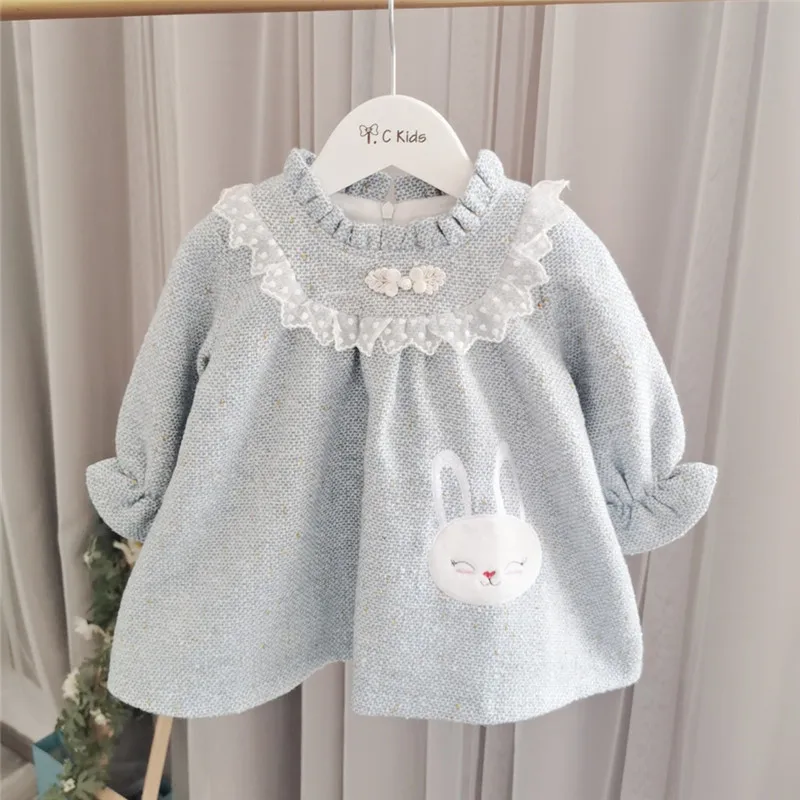 Платье для девочек; синие платья для малышей; плотные теплые детские платья с рисунком кролика